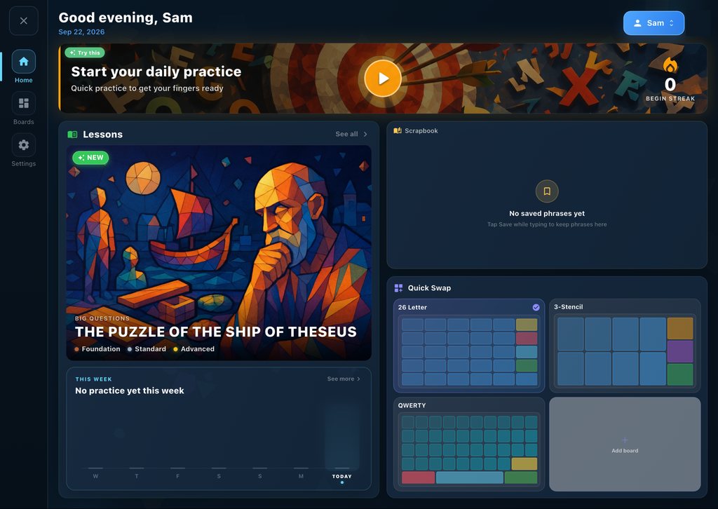 The TBoard School home screen on an iPad: daily practice, today's lesson, saved phrases and the learner's boards